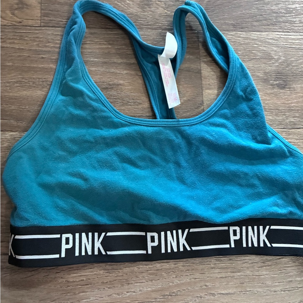PINK Victoria's Secret Teal Racerback Logo Band Sports Bra